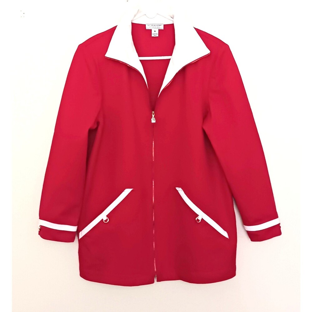 St John Sport Marie Gray Red Cotton Zip Front Jacket White Contrast Trim Sz M
